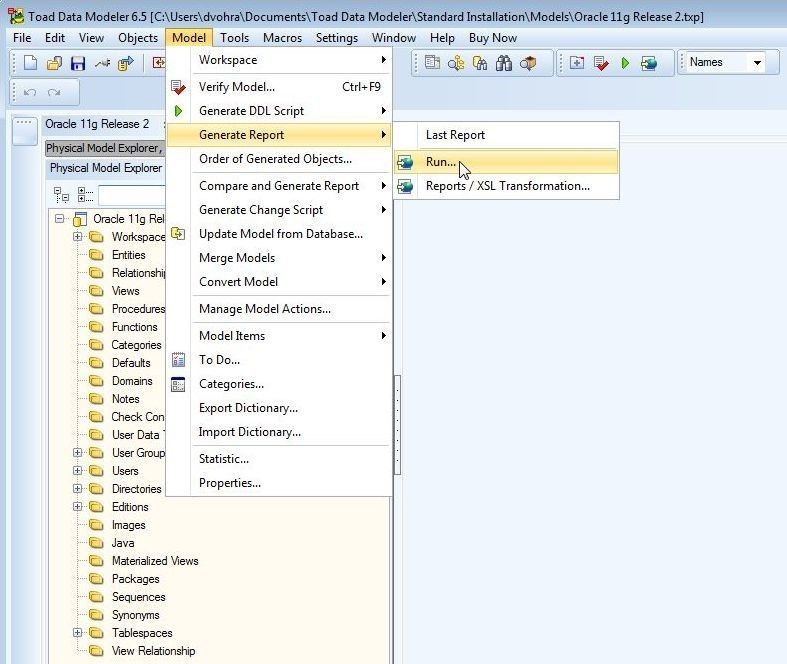 Figure 30. Selecting Generate Report and then Run
