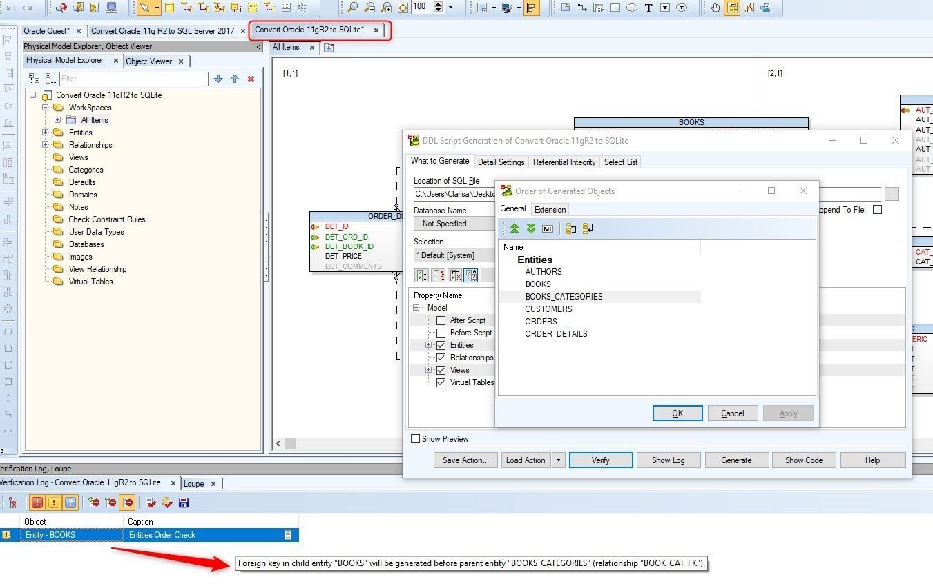 Figure 34. Learning how to solve warning messages shown in the Verification Log Tab - Error message indicates we must reorder entities.