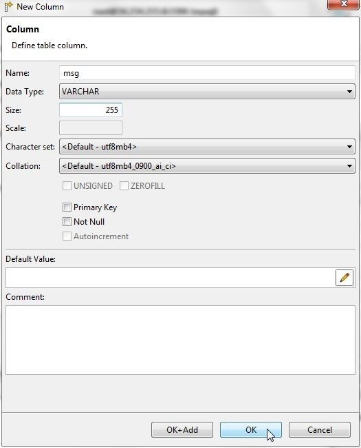 Figure 35. Adding the msg column in the New Column window
