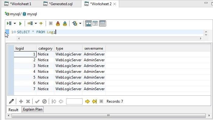 Figure 40. Result set for Log Table