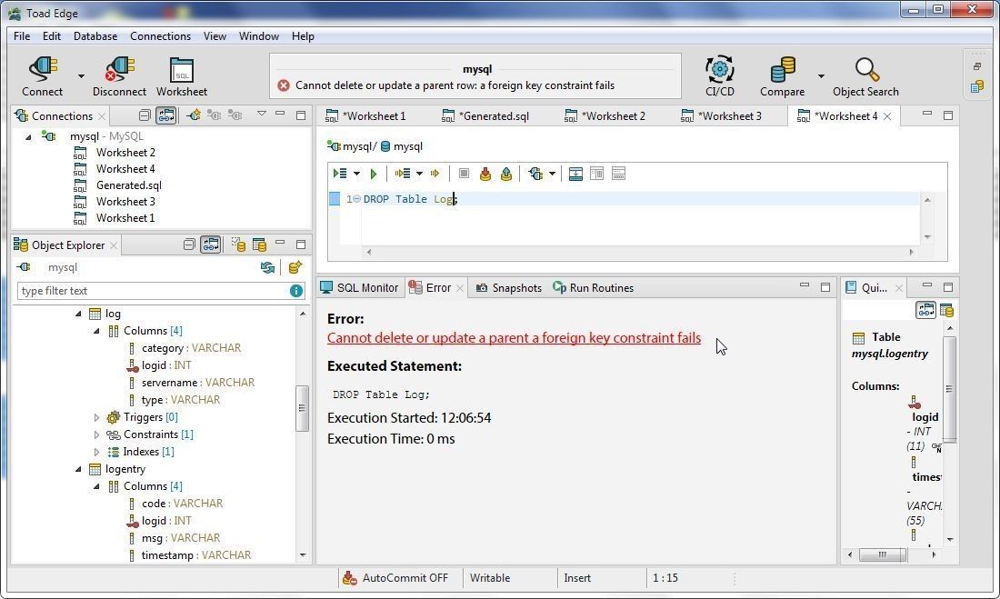 Figure 42. Error message. Log Table cannot be deleted or updated