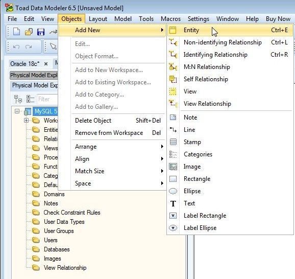 Figure 6. Adding a new entity from the Objects tab
