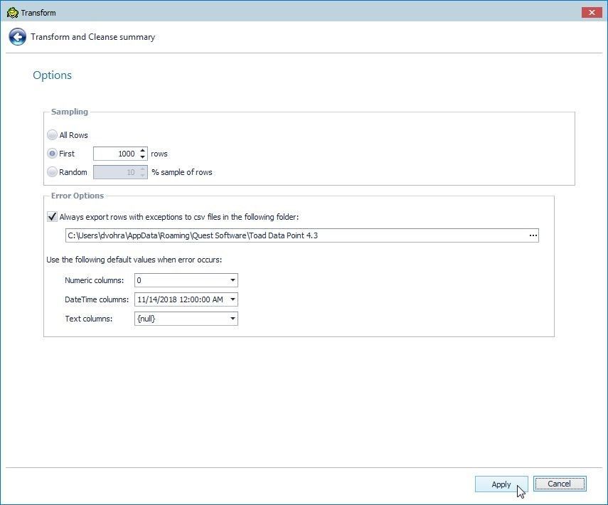 Figure 6. The selected Transform options
