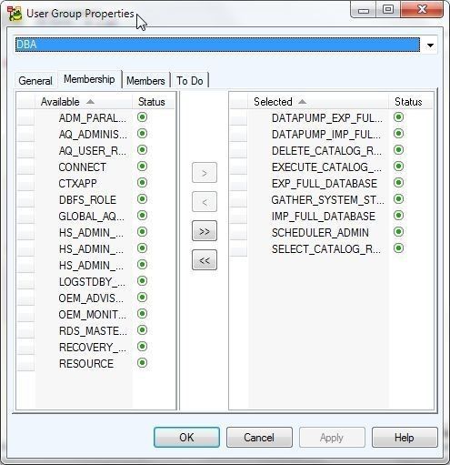 Figure 8. User Group Settings for the DBA group