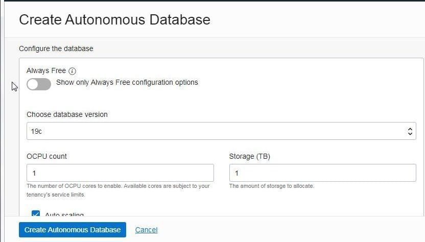 Figure 5. Configure the database>Always Free Toggle OFF.”></p>
<p><em>Figure 5. Configure the database>Always Free Toggle OFF</em></p>
<p><em> </em></p>
<p>If the Always Free database instance is to be created click on the toggle button (Figure 6). The Always Free Autonomous Database does have some <a href=