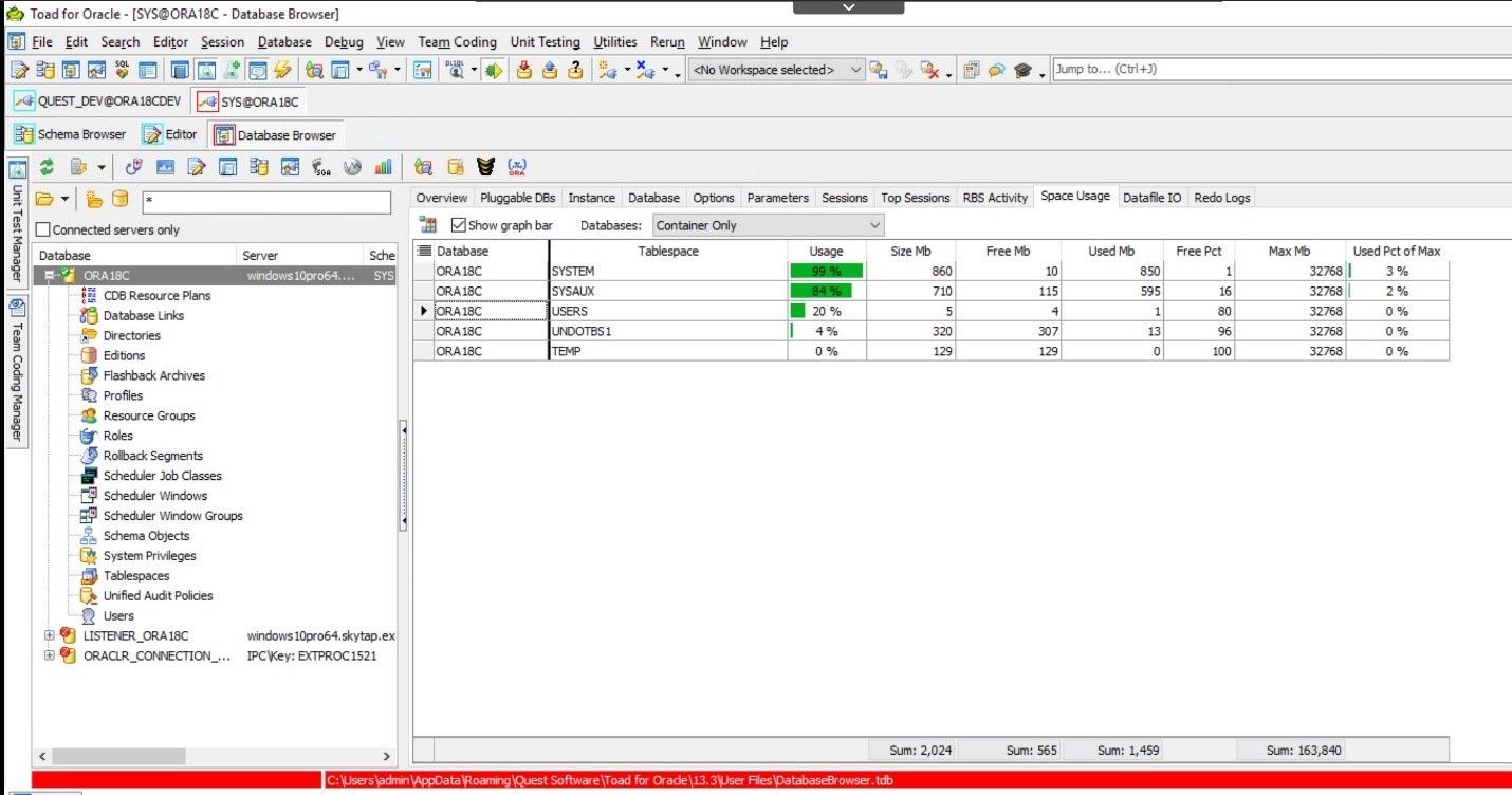 Toad for Oracle. Database Browser. The Space Usage tab displays an overview of tablespace usage details for all of the tablespaces used in this instance at a quick glance.