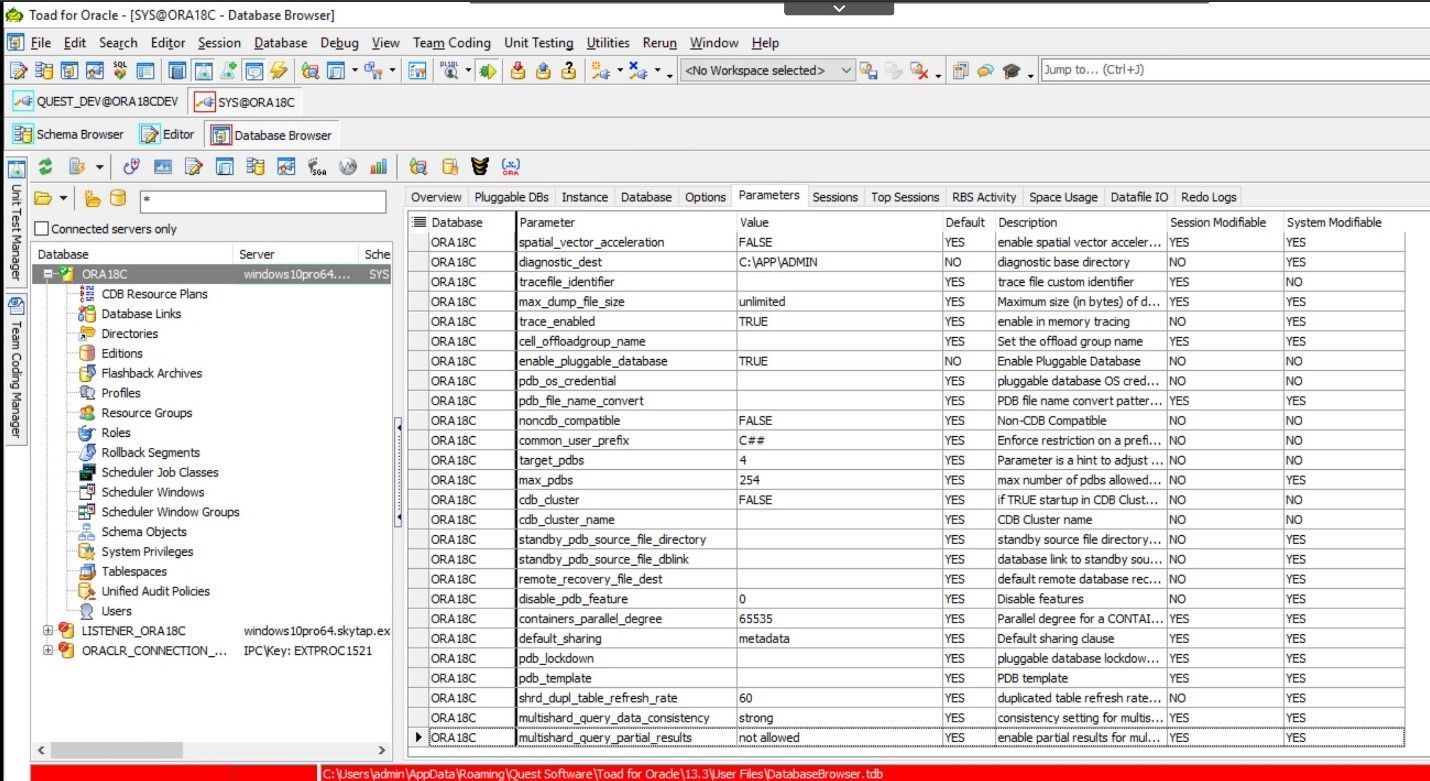 Toad for Oracle. Database Browser>Parameters.”></p>
<p> </p>
<h2>Session information</h2>
<p>Now let’s look at some Session information. The next 2 tabs are where you can view and manage your user connections and see what they are doing.</p>
<p>On the Sessions tab you can choose from the different databases you have in this connection.  I have 4 options on my image but if you have more pluggable databases they would show up on this list. I am going to choose the ORA18CDEV database.</p>
<p><img decoding=