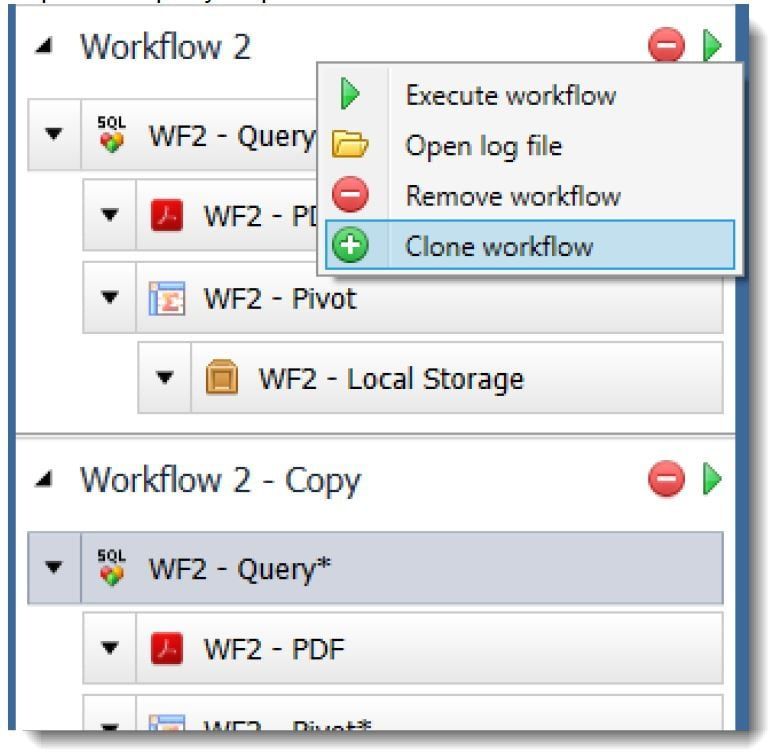 Menu showing Workflow, clone workflow.  What's new in Toad Data Point Workbook 5.1.3.