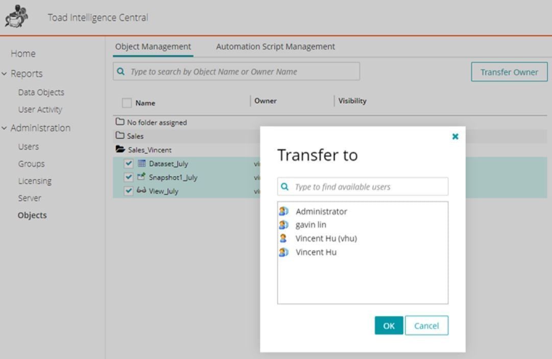 Screen shot of Toad Intelligence Central update object owner.