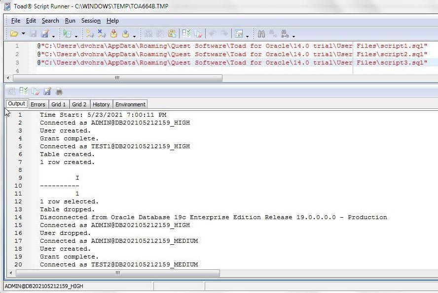 Output from Toad Script Runner