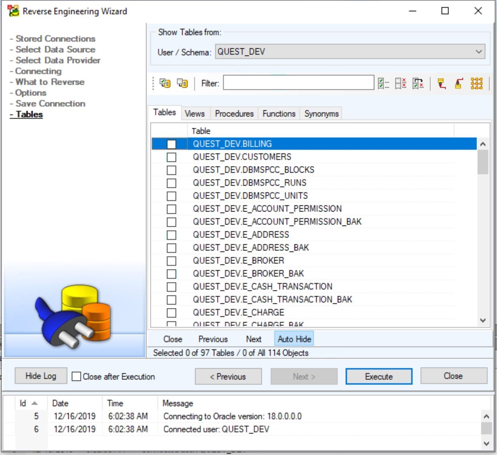 Toad Data Modeler screen shot of a list of tables that you can reverse engineer.