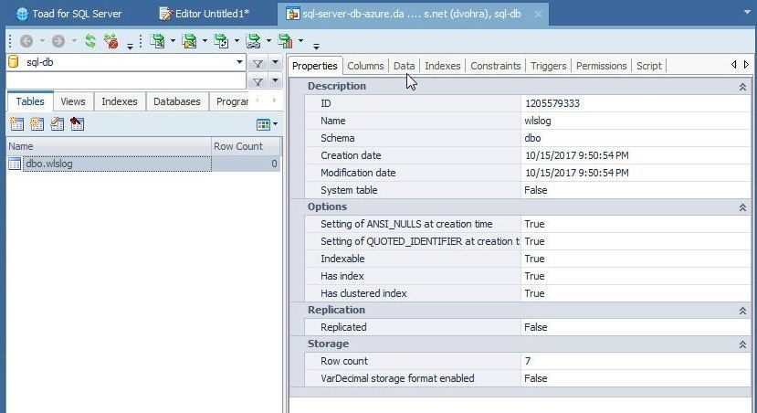 Figure 24. Database Explorer with dbo.wlslog Table Selected