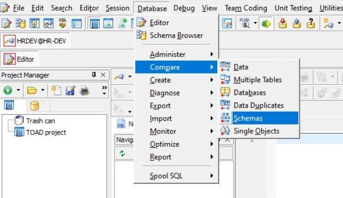 The Compare Schemas tool is found in the main menu Database > Compare > Schemas.”></span></h2>
<p><em>Figure 1. Toad Compare Schemas</em></p>
<p><strong><br />
</strong>Upon accessing the tool, we can see that it is a simple three-step process that allows us to successfully compare even the most complex database schemas.</p>
<h3><span><span>Step 2: In the first tab, click <strong>Choose Schemas</strong></span><br />
<img decoding=