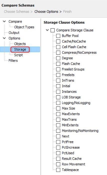 Under the Storage option, we can choose to ignore the storage clauses, as shown.