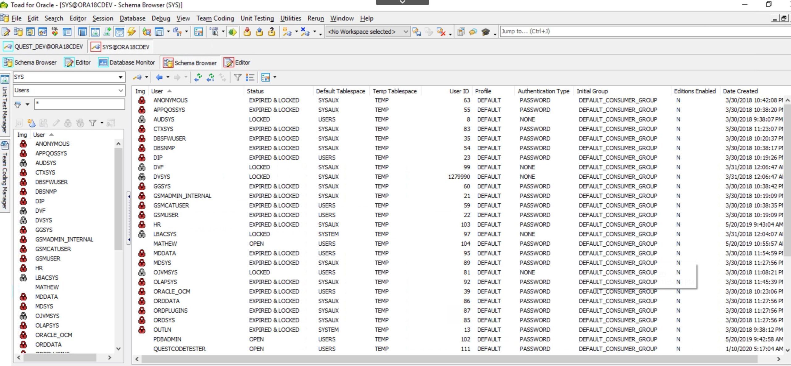 The schema browser showing all of the database users.