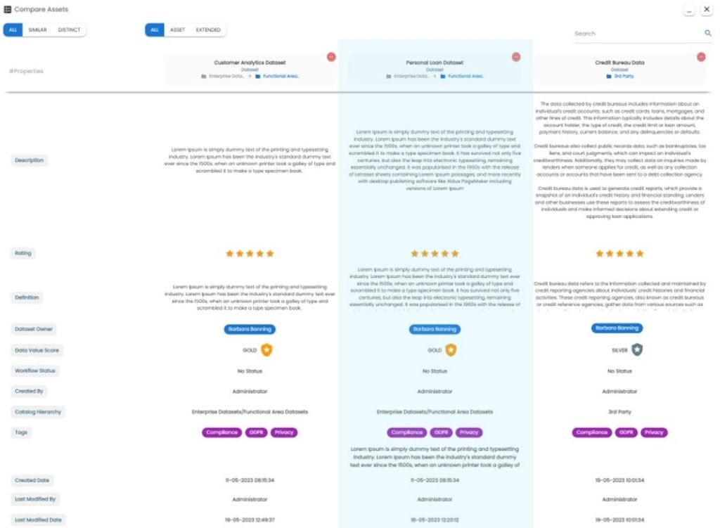Dataset comparison in erwin Data Intelligence.